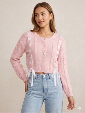 Stitch & Lace Ribbon-Trim Pink Cropped Cable Cardigan